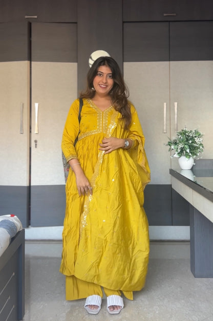 Sunshine Yellow Handwork Muslin Cotton Nyra Cut Kurta Palazzo Set