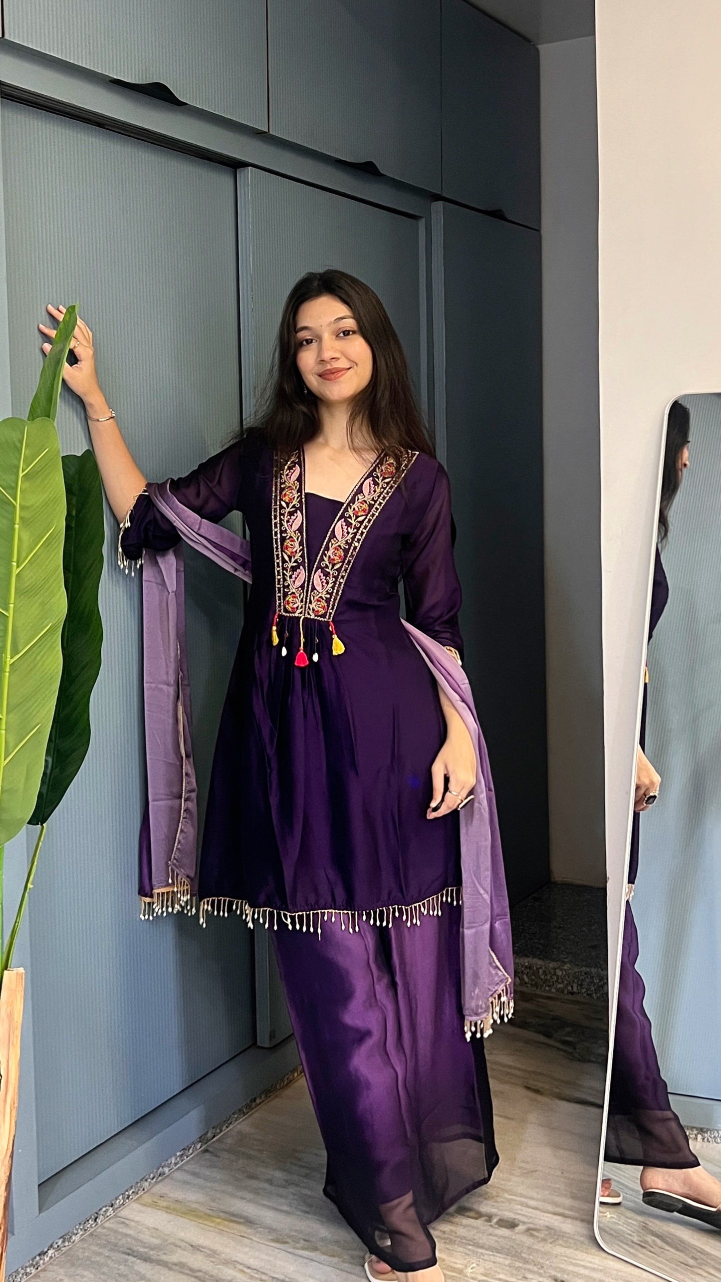 Amethyst Aura — Iridescent Tissue Handwork Short Kurti Palazzo Set with Dupatta
