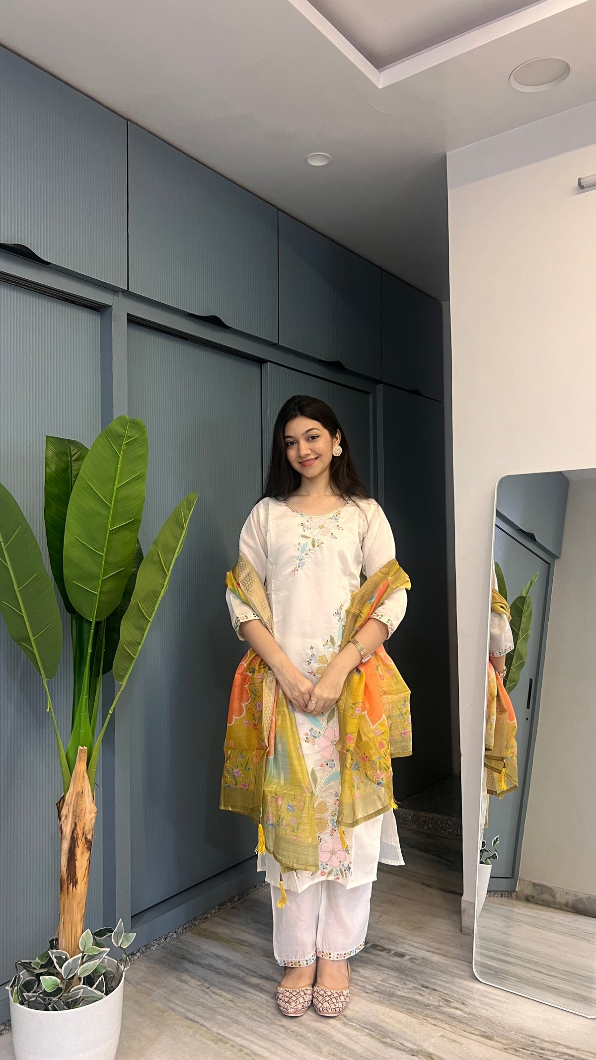 Ivory Haze – Embroidered Cotton Blend Suit Set with Chanderi-Style Organza Dupatta