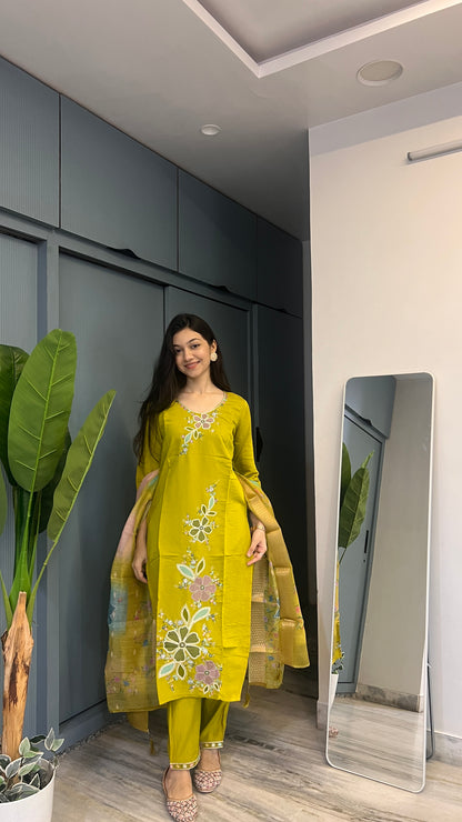 Lemon Luxe Handcrafted Floral Embroidered Suit Set with Printed Dupatta ✨
