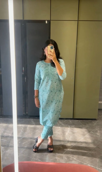 Aqua Green Pure Cotton Kurta Set