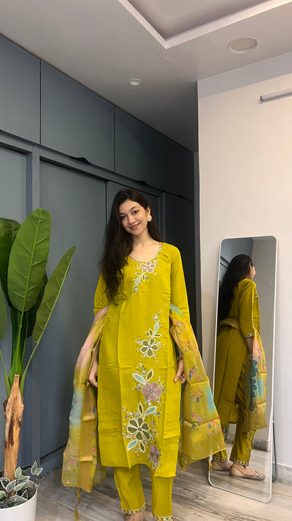 Lemon Luxe Handcrafted Floral Embroidered Suit Set with Printed Dupatta ✨