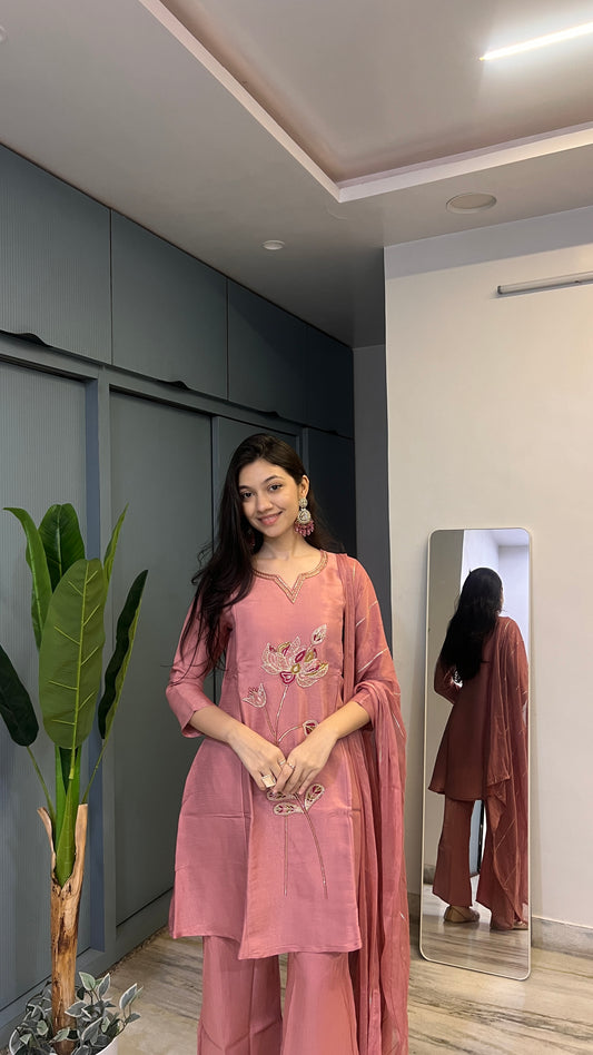 🌸 Mauve Rose Pink – Floral Beadwork Luxe Sheen Palazzo Set ✨
