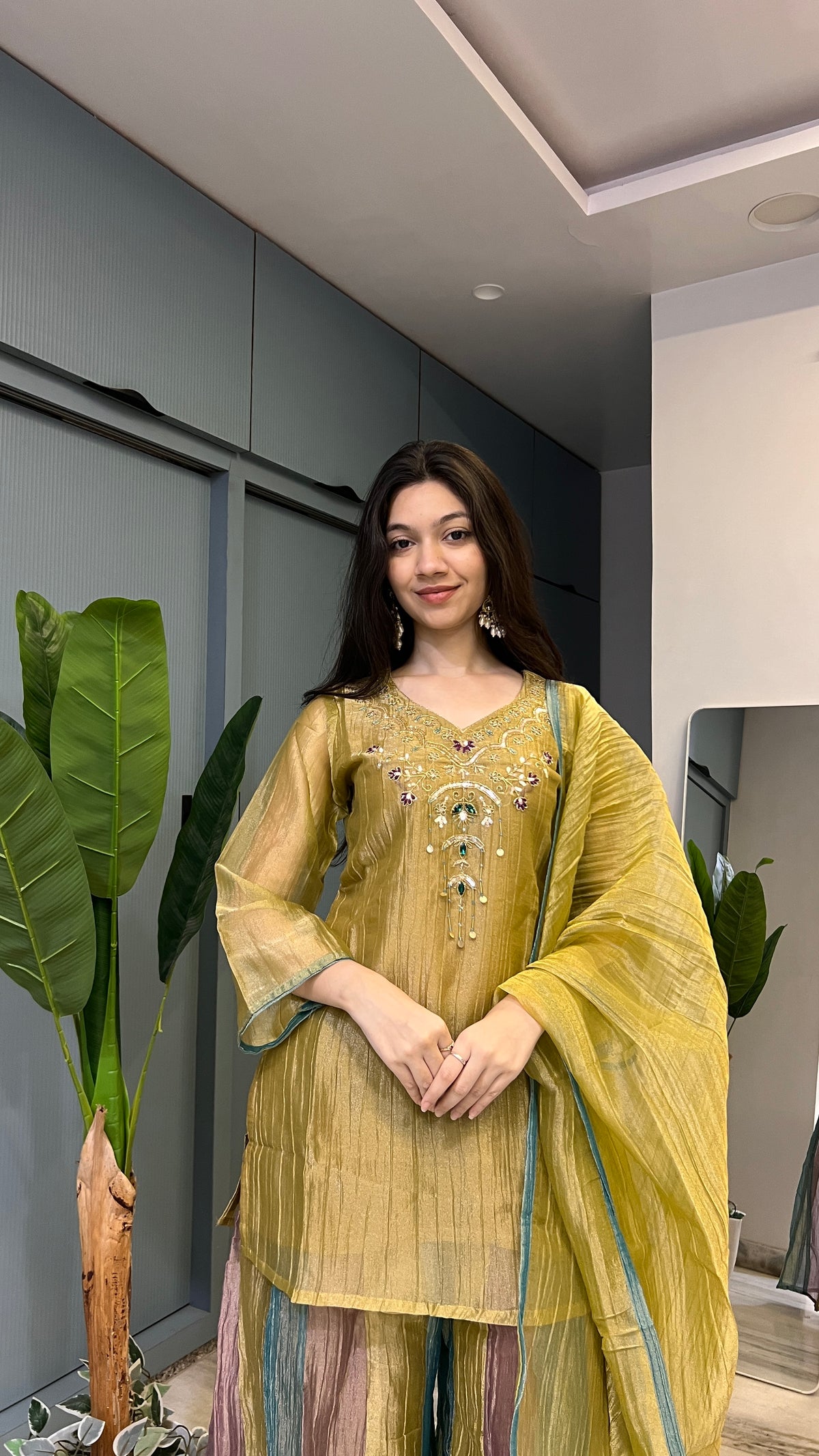 ✨ Golden Mosaic – Mustard Gold Crush Tissue Embroidered Palazzo Set with Dupatta 💛🌿