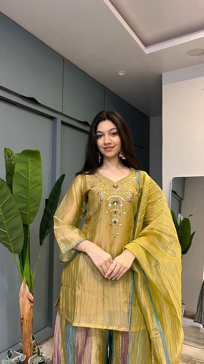 ✨ Golden Mosaic – Mustard Gold Crush Tissue Embroidered Palazzo Set with Dupatta 💛🌿