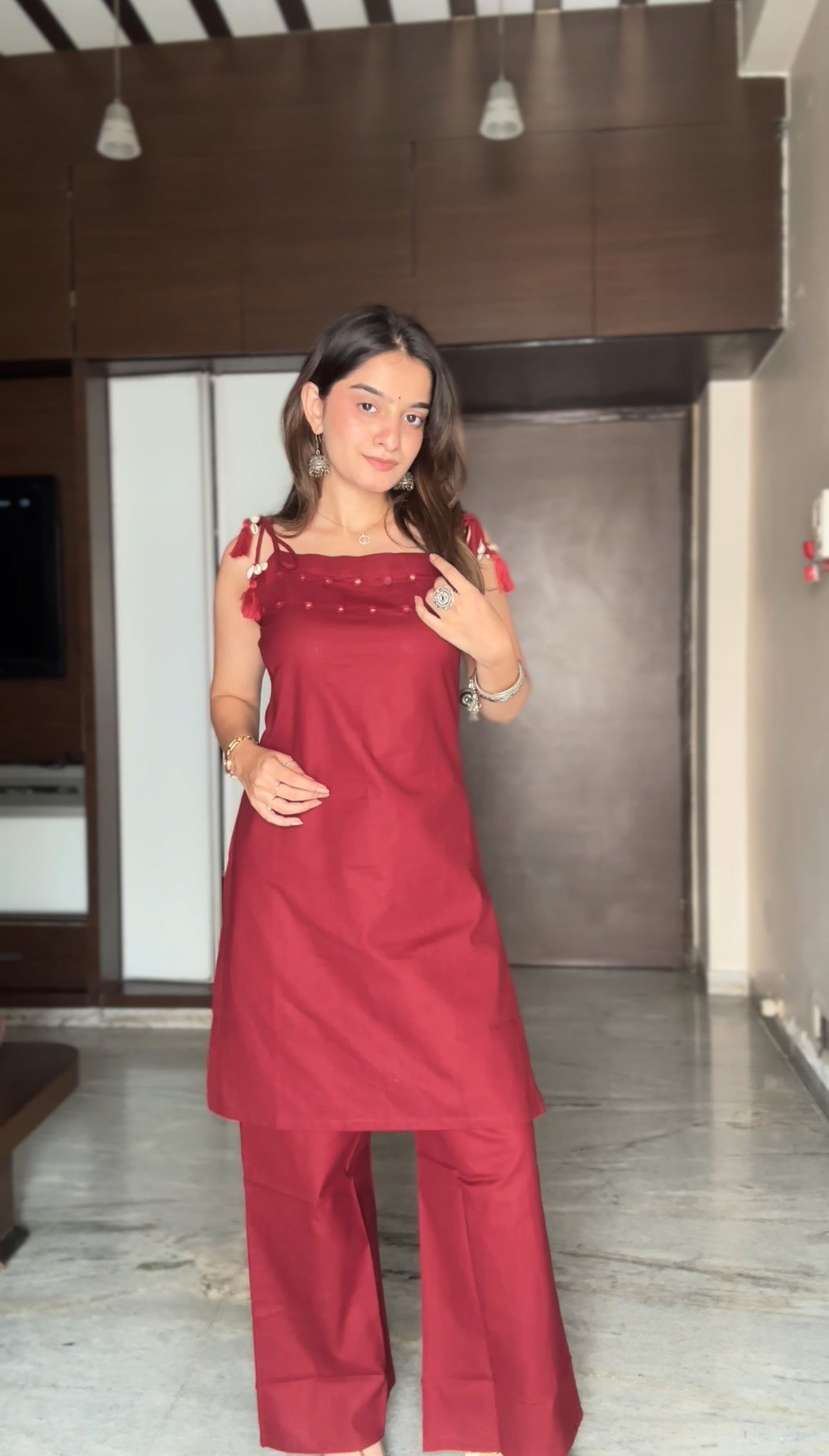 Garnet Majesty Red Pure Cotton Sleeveless Kurta Palazzo Set
