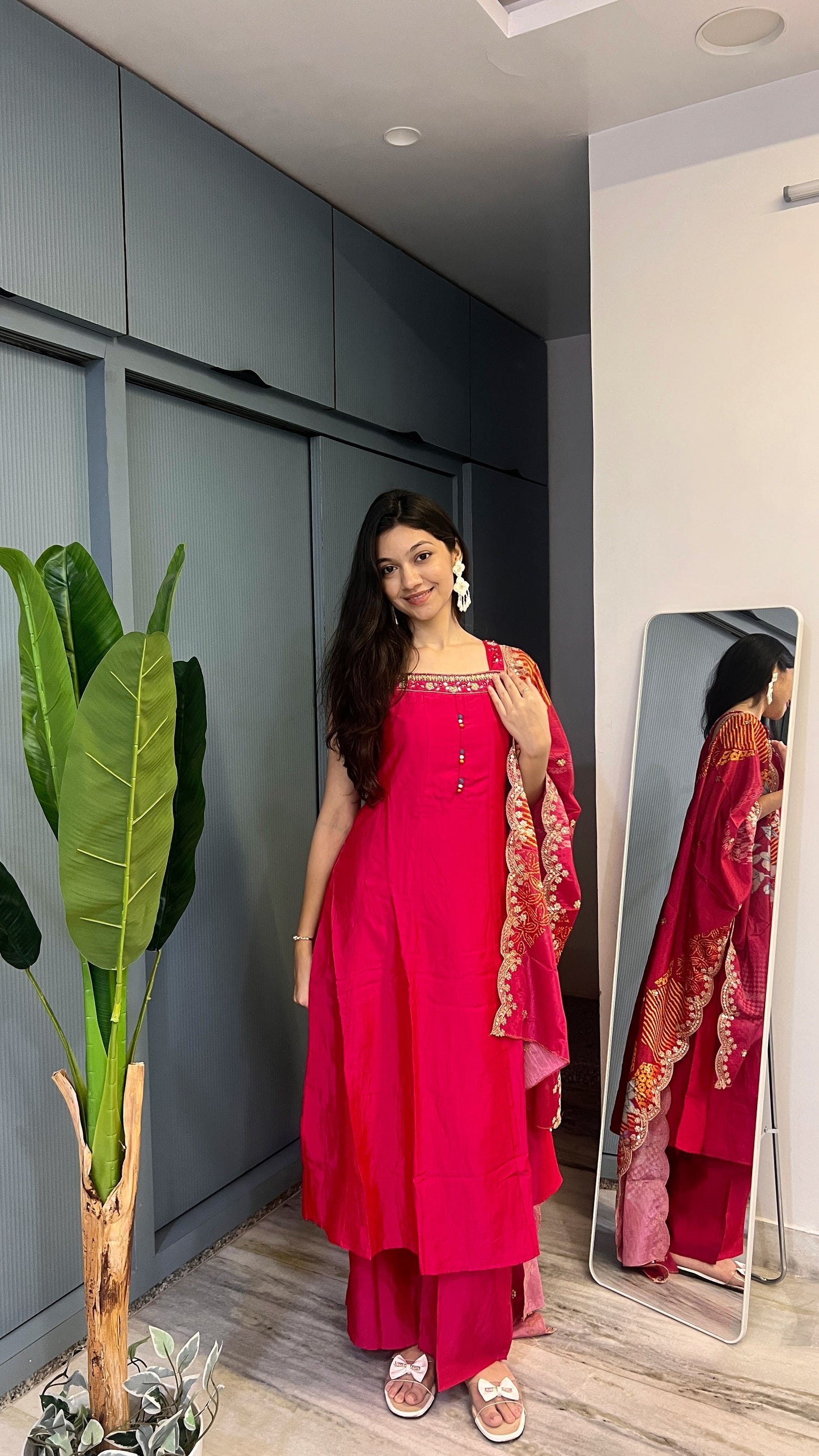 Fuchsia Pink Handwork Anarkali Kurta Palazzo Pant Set with Printed Dupatta