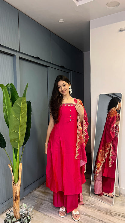 Fuchsia Pink Handwork Anarkali Kurta Palazzo Pant Set with Printed Dupatta