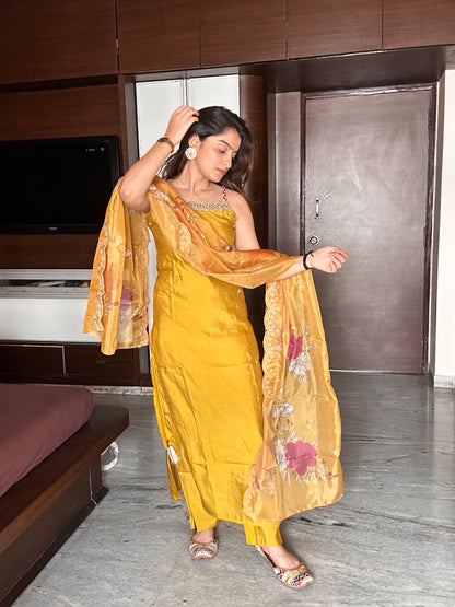 Mustard Yellow Handwork Sleeveless Kurta Palazzo Set