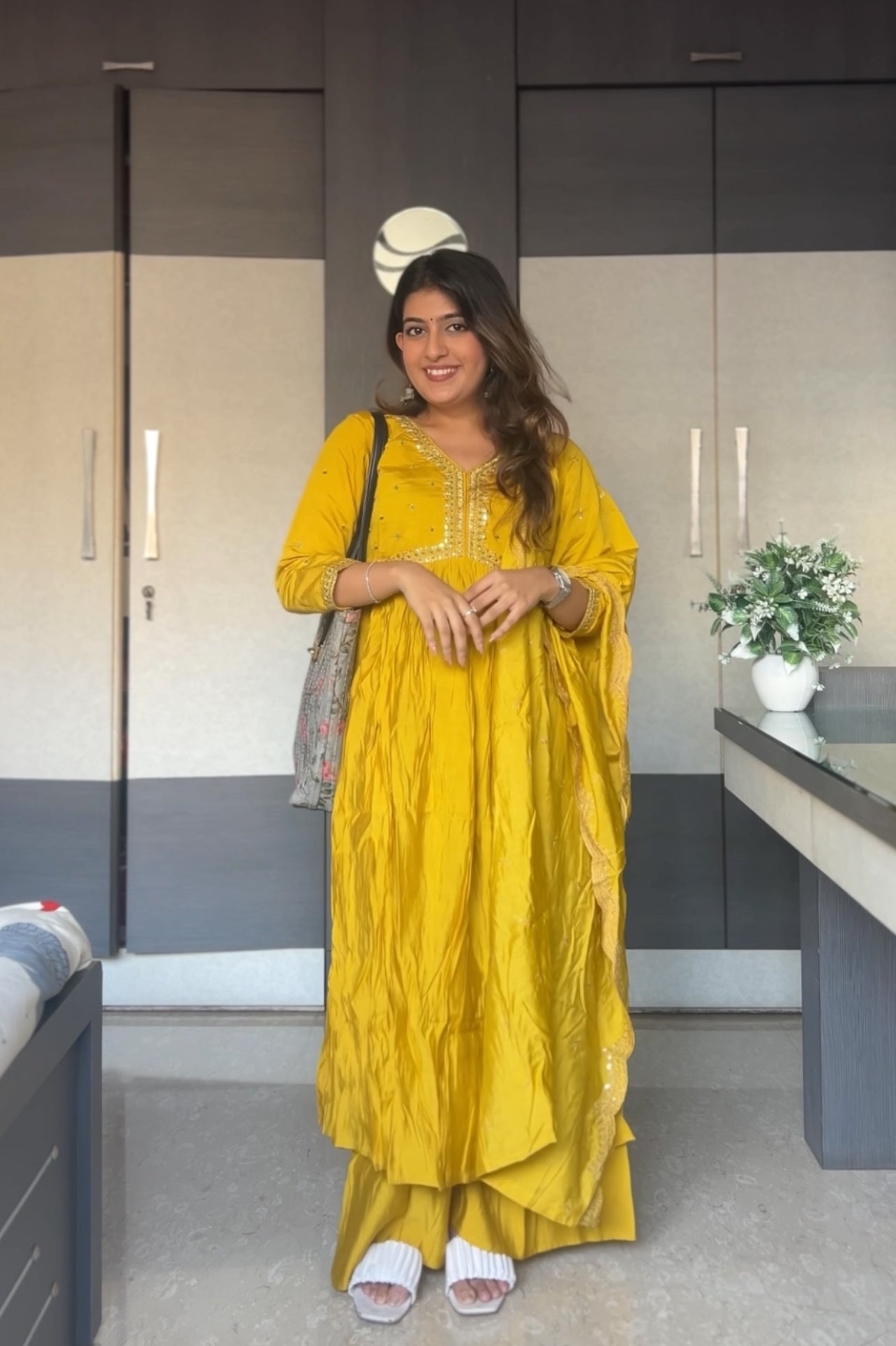 Sunshine Yellow Handwork Muslin Cotton Nyra Cut Kurta Palazzo Set
