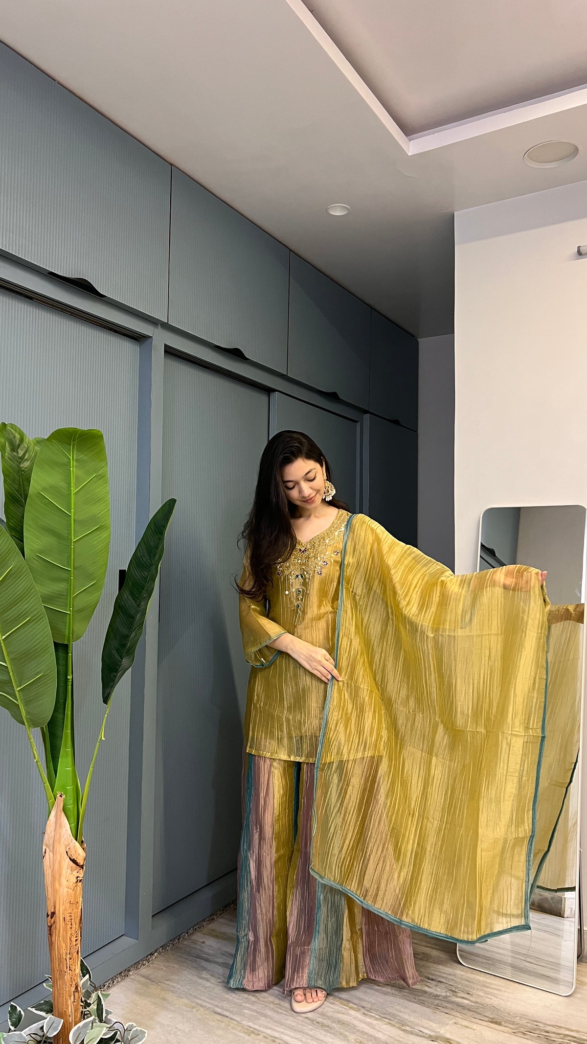 ✨ Golden Mosaic – Mustard Gold Crush Tissue Embroidered Palazzo Set with Dupatta 💛🌿