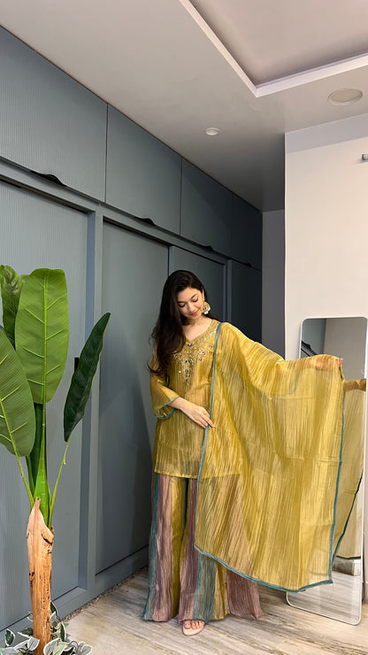 ✨ Golden Mosaic – Mustard Gold Crush Tissue Embroidered Palazzo Set with Dupatta 💛🌿