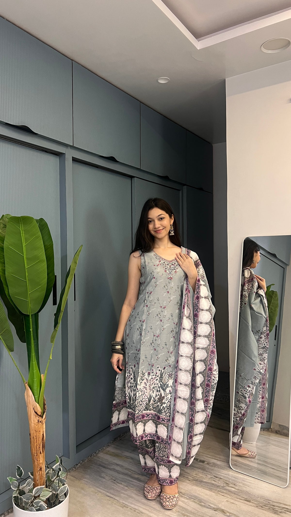 Ivory Mist Grey Gulnaar Printed Suit Set