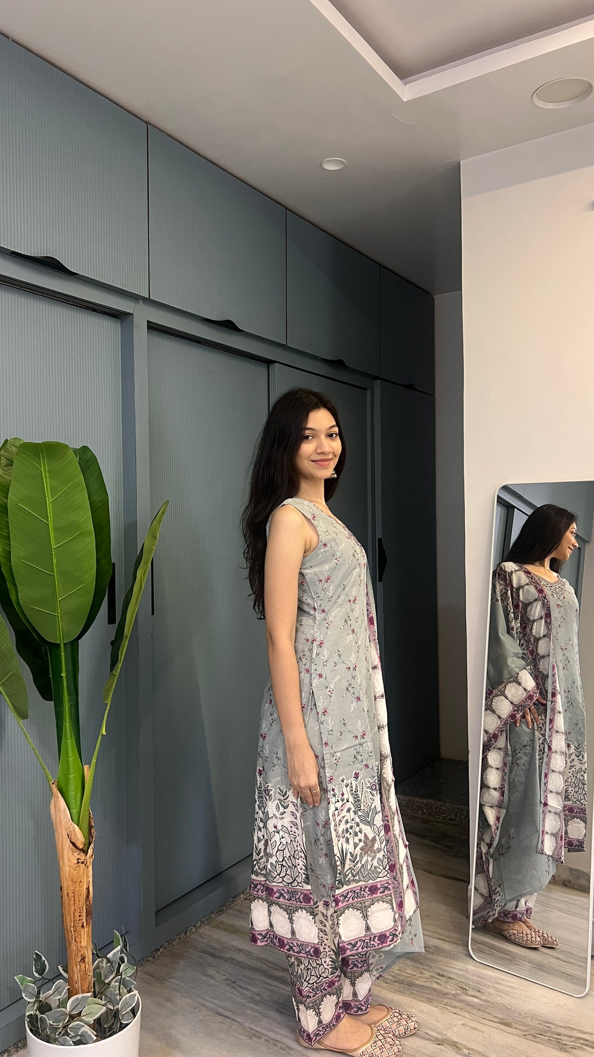 Ivory Mist Grey Gulnaar Printed Suit Set
