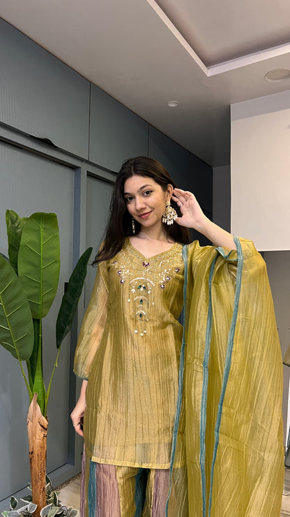 ✨ Golden Mosaic – Mustard Gold Crush Tissue Embroidered Palazzo Set with Dupatta 💛🌿