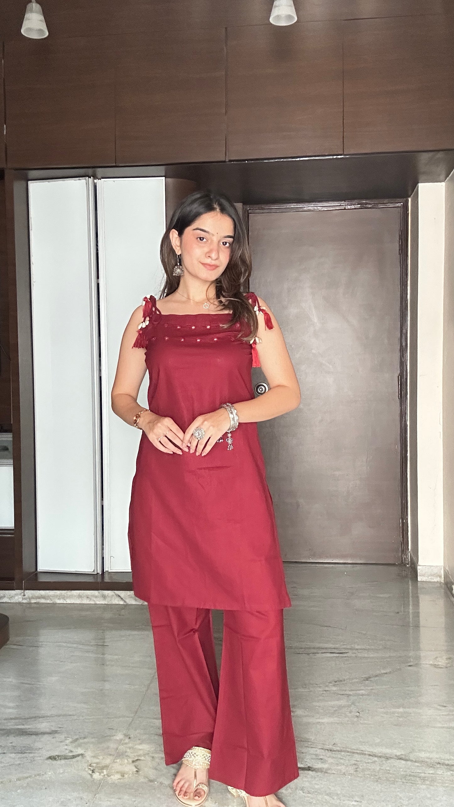 Garnet Majesty Red Pure Cotton Sleeveless Kurta Palazzo Set