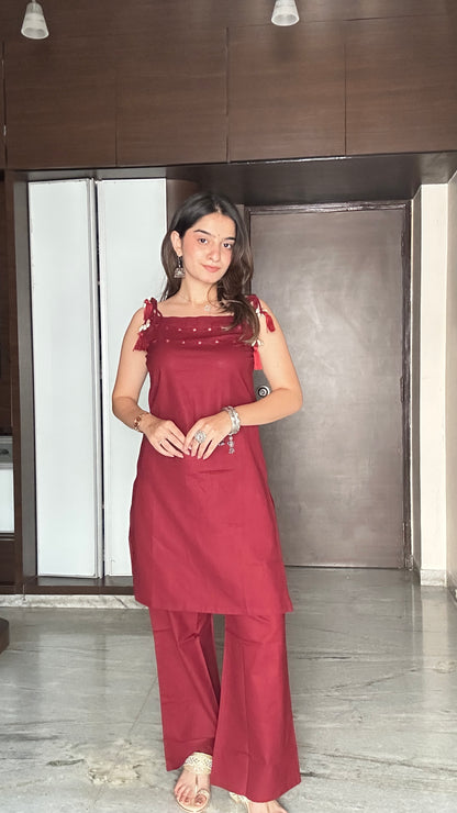 Garnet Majesty Red Pure Cotton Sleeveless Kurta Palazzo Set