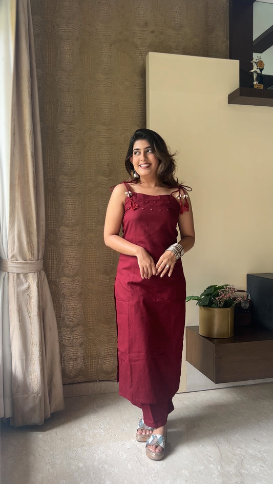 Crimson Red Cotton Sleeveless Kurta Palazzo Set