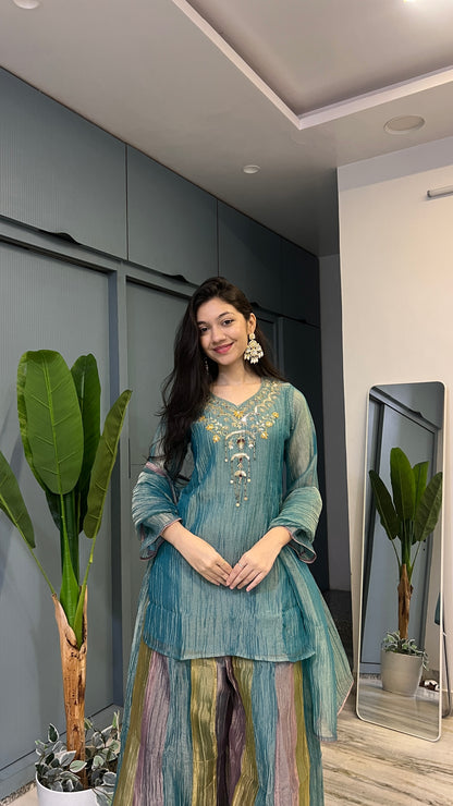 Teal Reverie – Hand Embroidered Crush Tissue 3-Piece Palazzo Suit Set