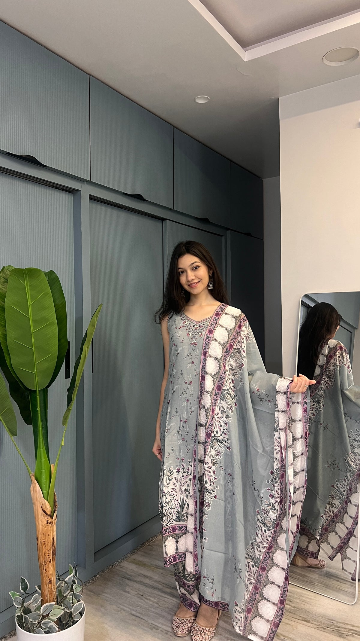 Ivory Mist Grey Gulnaar Printed Suit Set