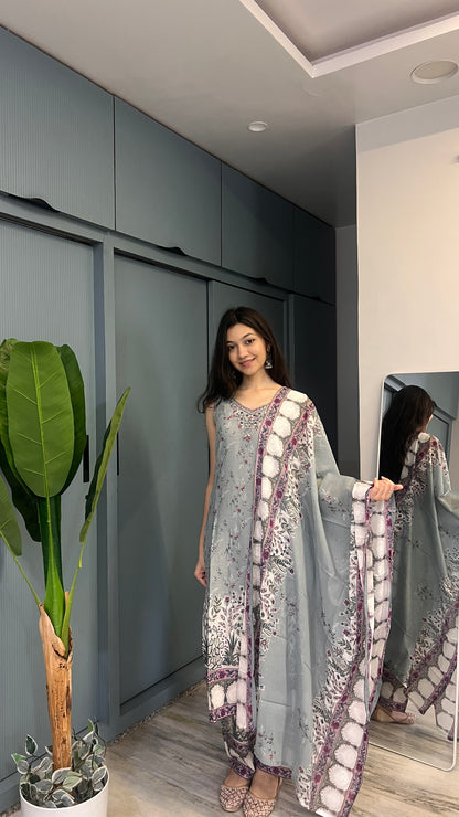 Ivory Mist Grey Gulnaar Printed Suit Set