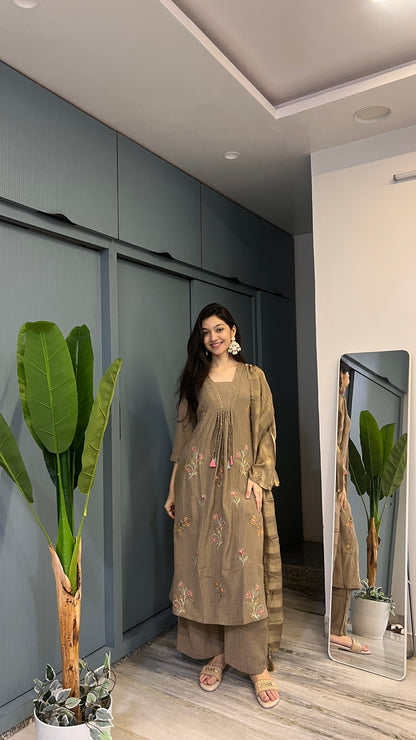 Mocha Muse – Handworked Embroidered Anarkali Suit Set with Striped Silk Dupatta