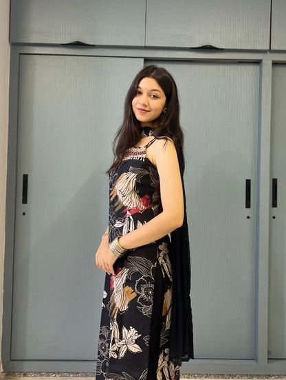 Space Black Floral Handwork Sleeveless Kurta Pant Set