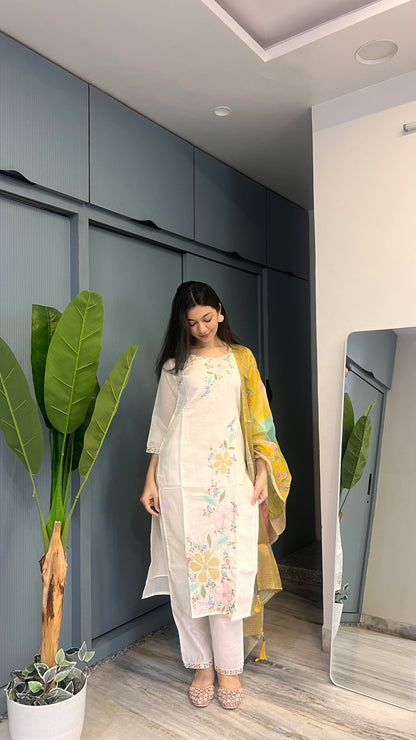 Ivory Haze – Embroidered Cotton Blend Suit Set with Chanderi-Style Organza Dupatta