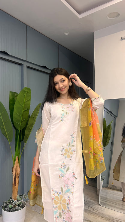 Ivory Haze – Embroidered Cotton Blend Suit Set with Chanderi-Style Organza Dupatta