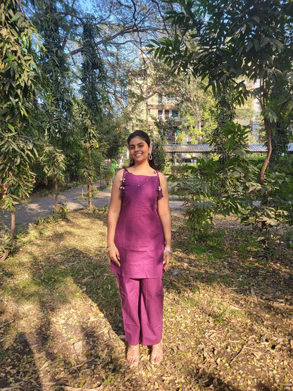 Rich Burgundy Cotton Sleeveless Short Kurti Palazzo Set