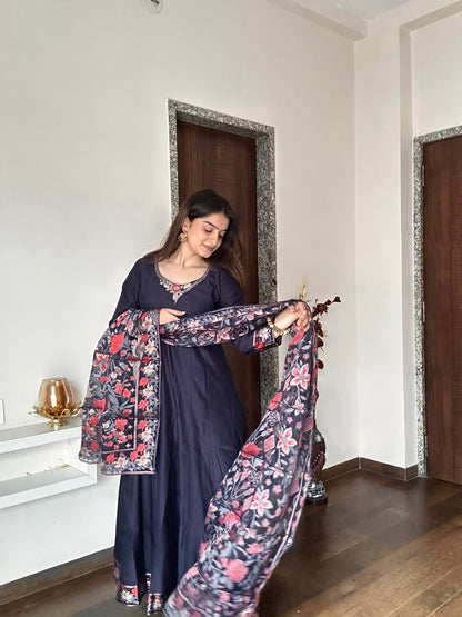 Midnight Blue Pure Cotton Anarkali Suit Set