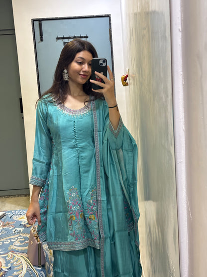 Turquoise Blossom Sharara Set