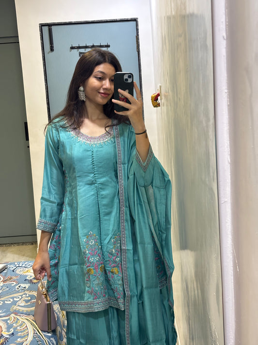 Turquoise Blossom Sharara Set