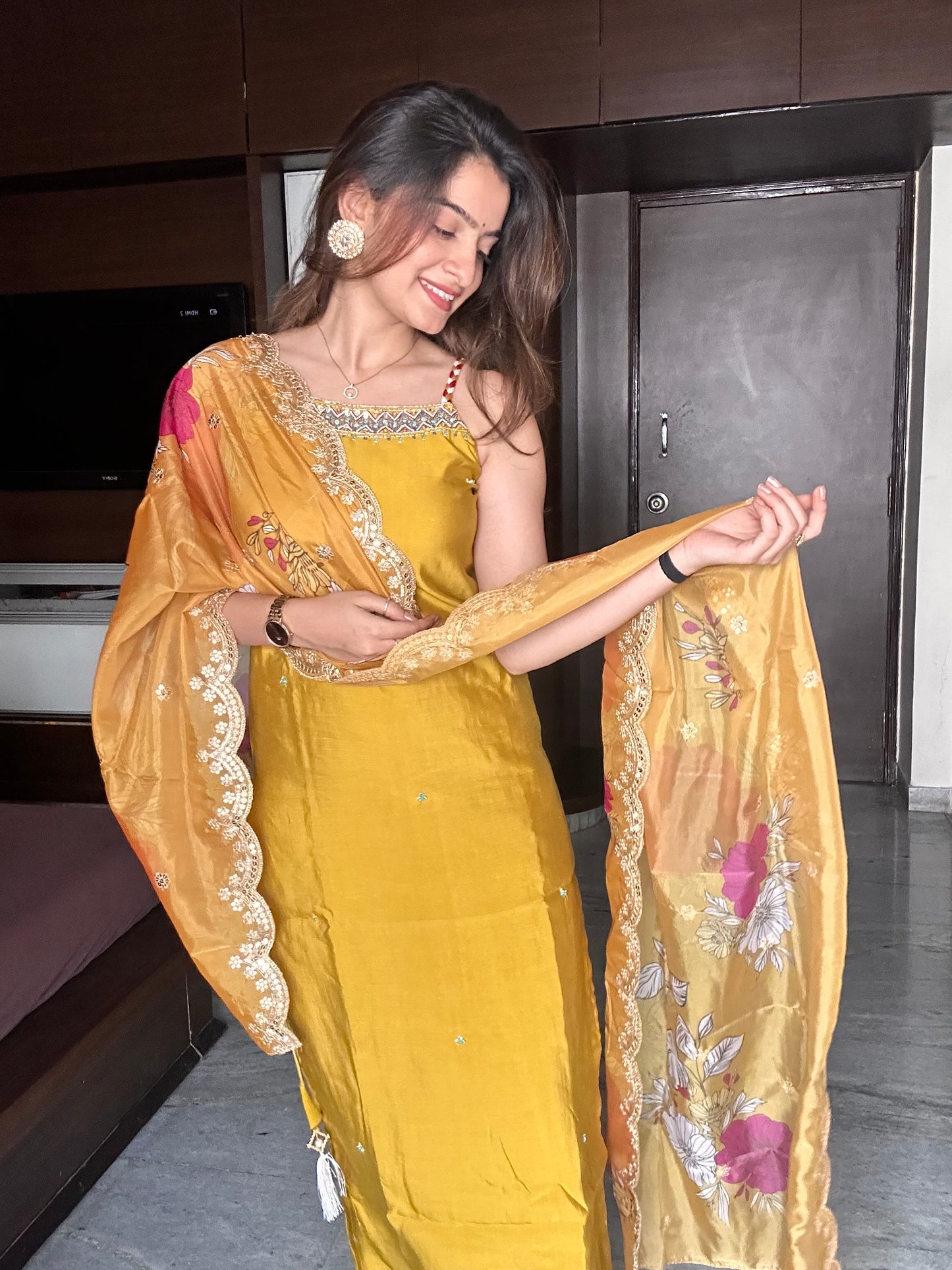 Mustard Yellow Handwork Sleeveless Kurta Palazzo Set
