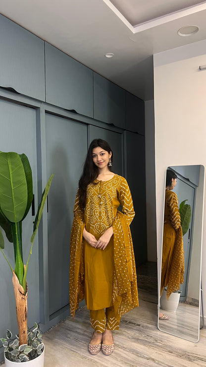 Marigold Muse — Mustard Printed Kurta Pant Set with Dupatta