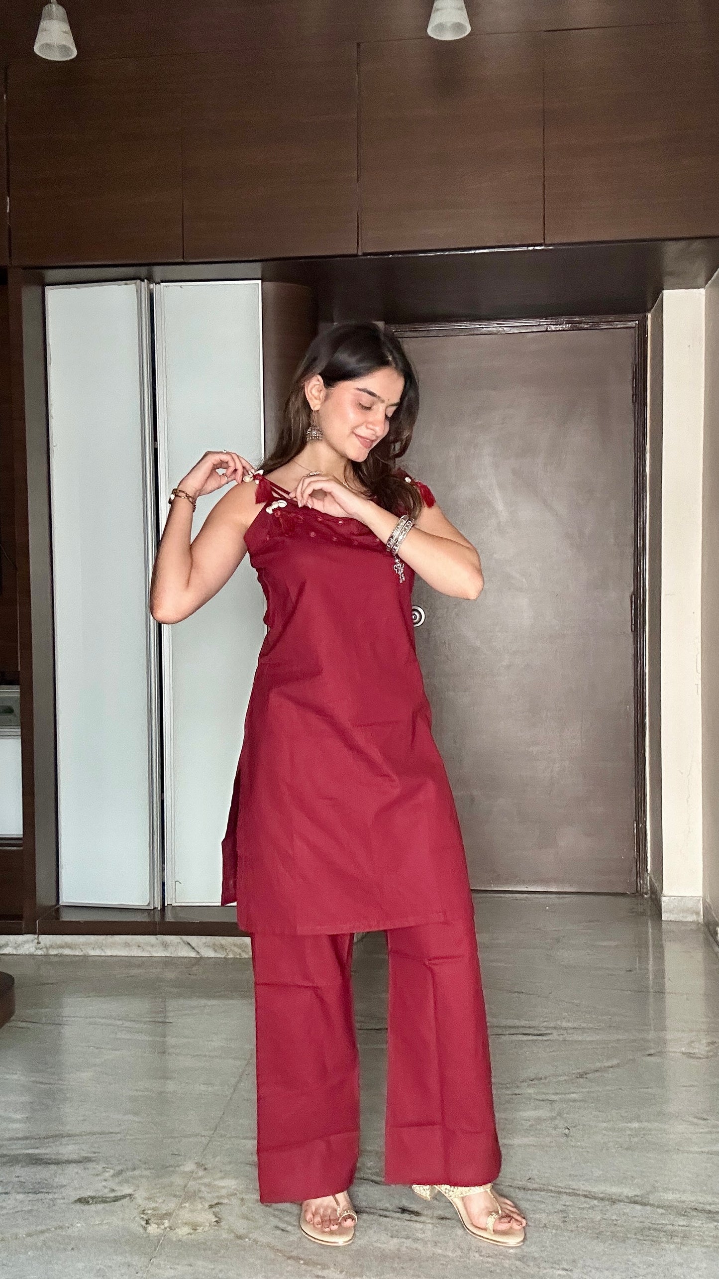 Garnet Majesty Red Pure Cotton Sleeveless Kurta Palazzo Set