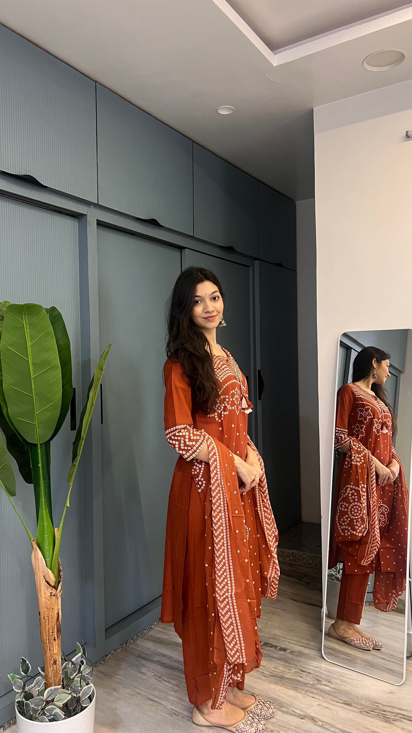 Terracotta Muse — Rust Printed Kurta Pant Set with Dupatta
