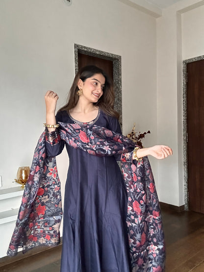 Midnight Blue Pure Cotton Anarkali Suit Set