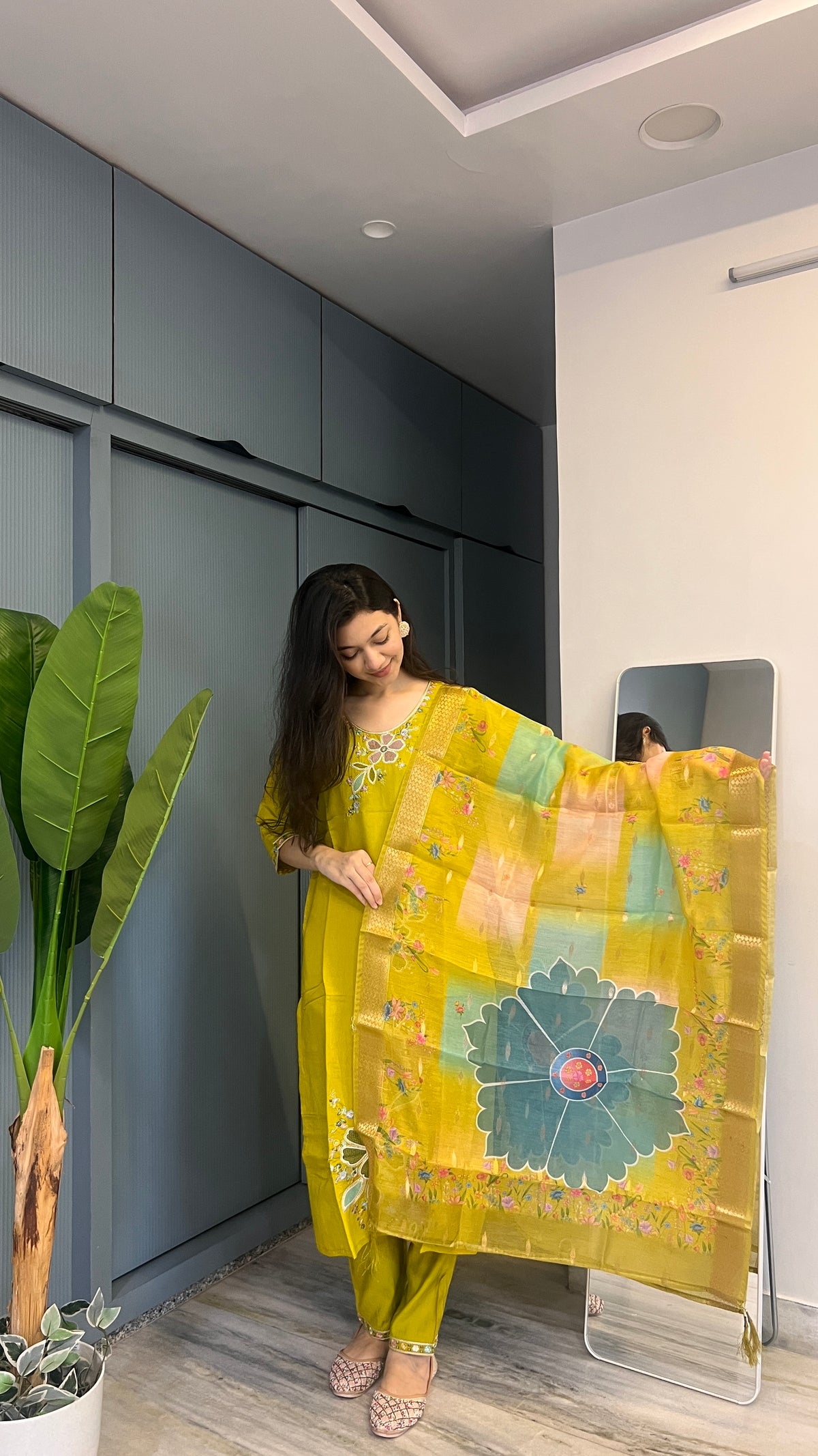 Lemon Luxe Handcrafted Floral Embroidered Suit Set with Printed Dupatta ✨